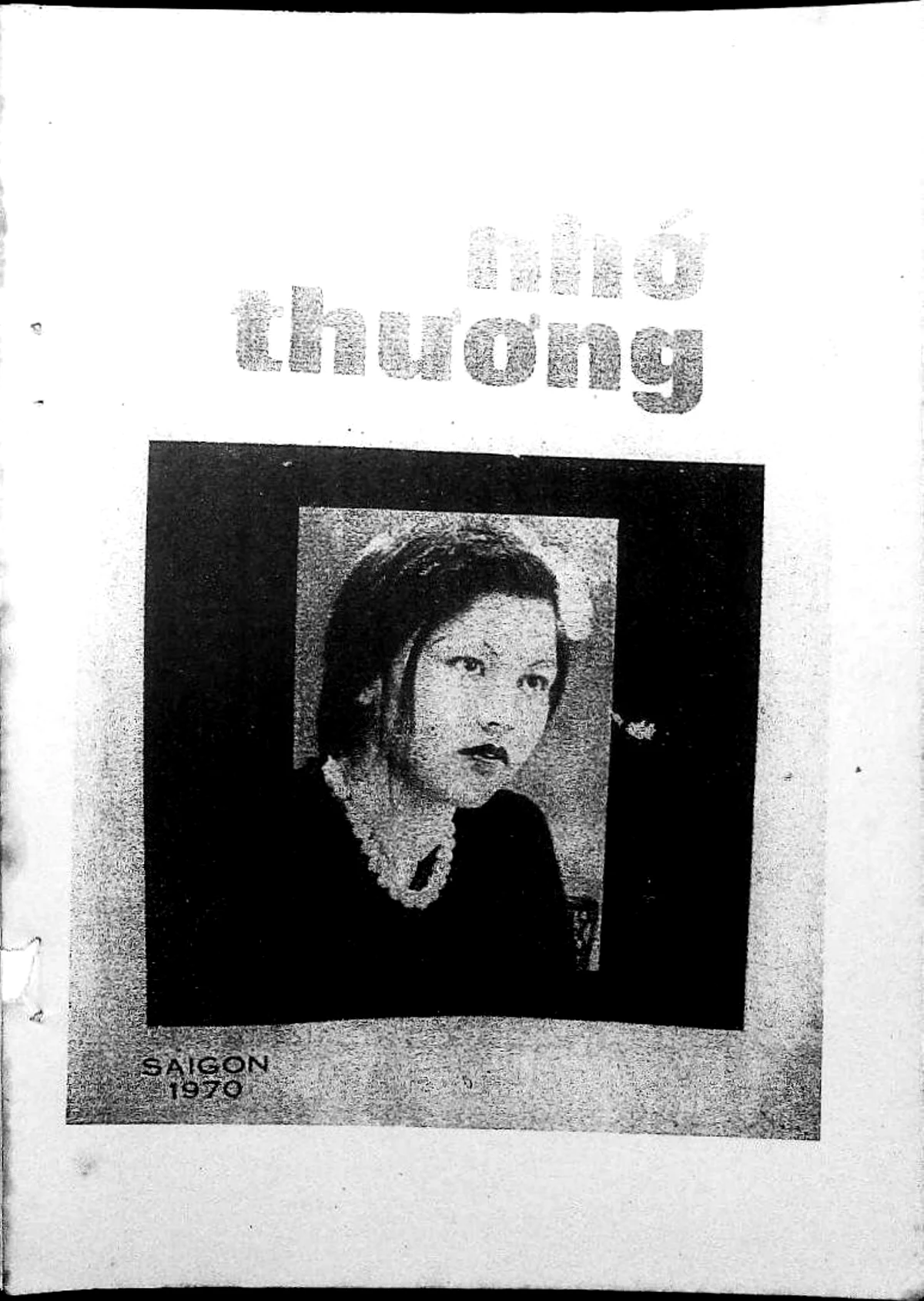 Bìa sách Nhớ Thương, 1970: chân dung người vợ của tác giả, tựa sách và dòng chữ SAIGON 1970